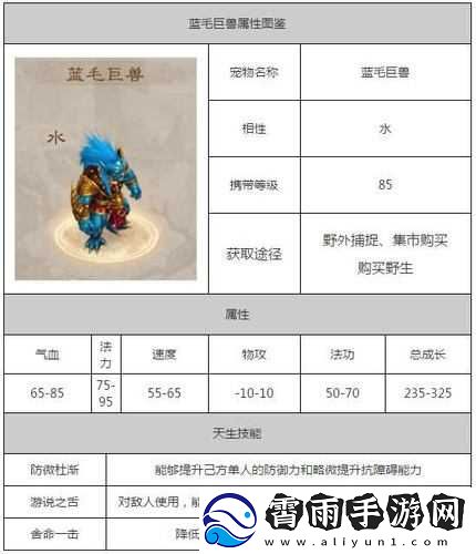 问道手游蓝毛巨兽属性技能解析